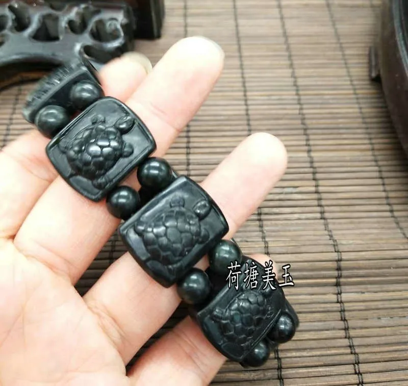 Натуральный черный нефрит Черепаха эластичный браслет Шарм ювелирные изделия