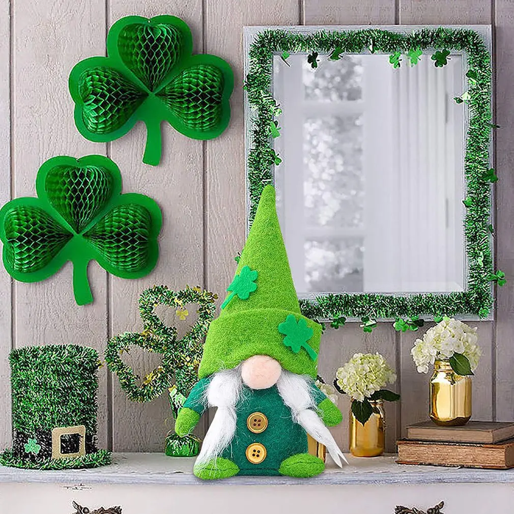 

1pc St. Patrick's Day Green Hat Gnome Doll Festiva Day Leprechaun Shamrock Handmade Swedish Plush Toys Doll Household Ornaments