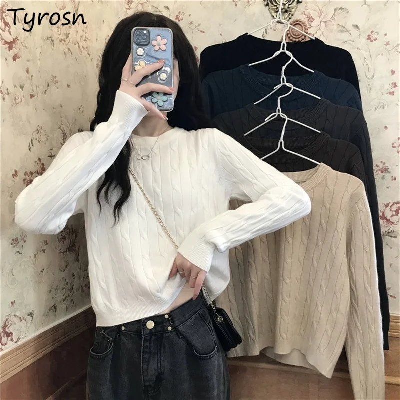 

Women O-neck Sweaters Crop Tops Pullovers Twist Knitting Korean Style Sweet Students Retro Tricot Solid Loose Female Sweater New
