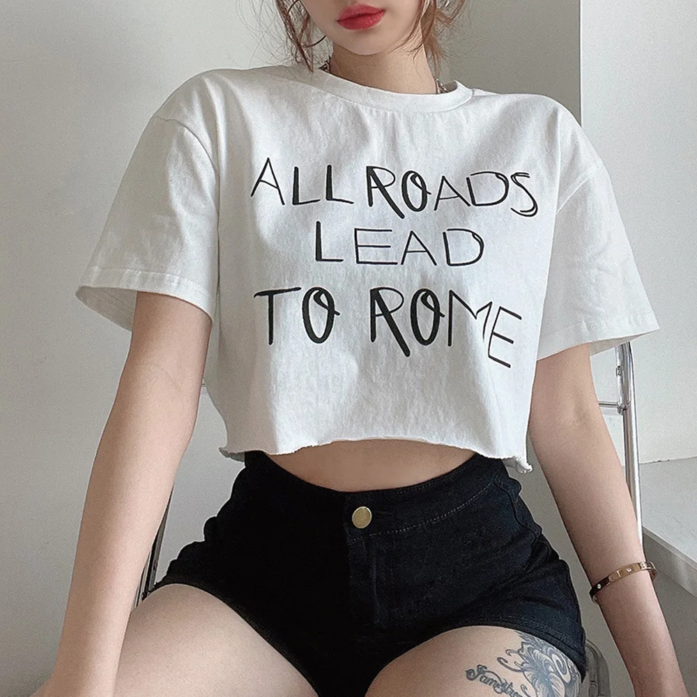 

2021 Letter Printed White T-Shirt for Women Summer Casual Loose Short Pullover Tees Female Cropped Top Basic T-Shirt Streetwear