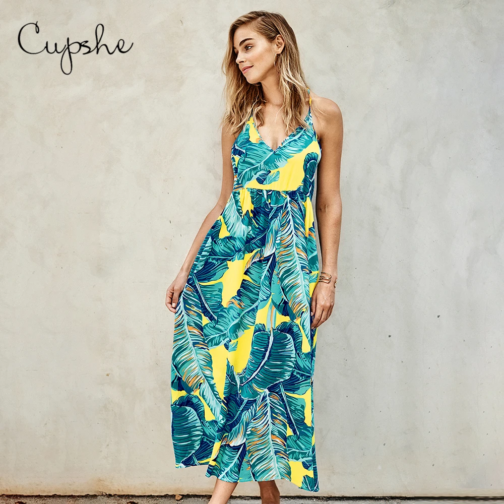CUPSHE женское элегантное голубое и желтый с ладонью Платье макси принтом 2019 Новое