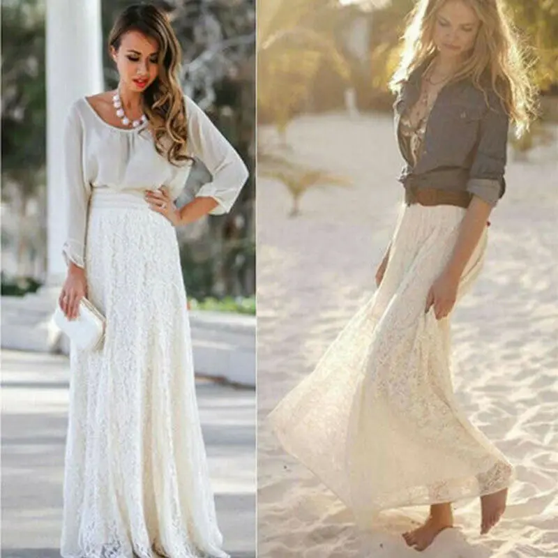 Женская кружевная длинная юбка Двухслойное шифоновое Плиссированное макси