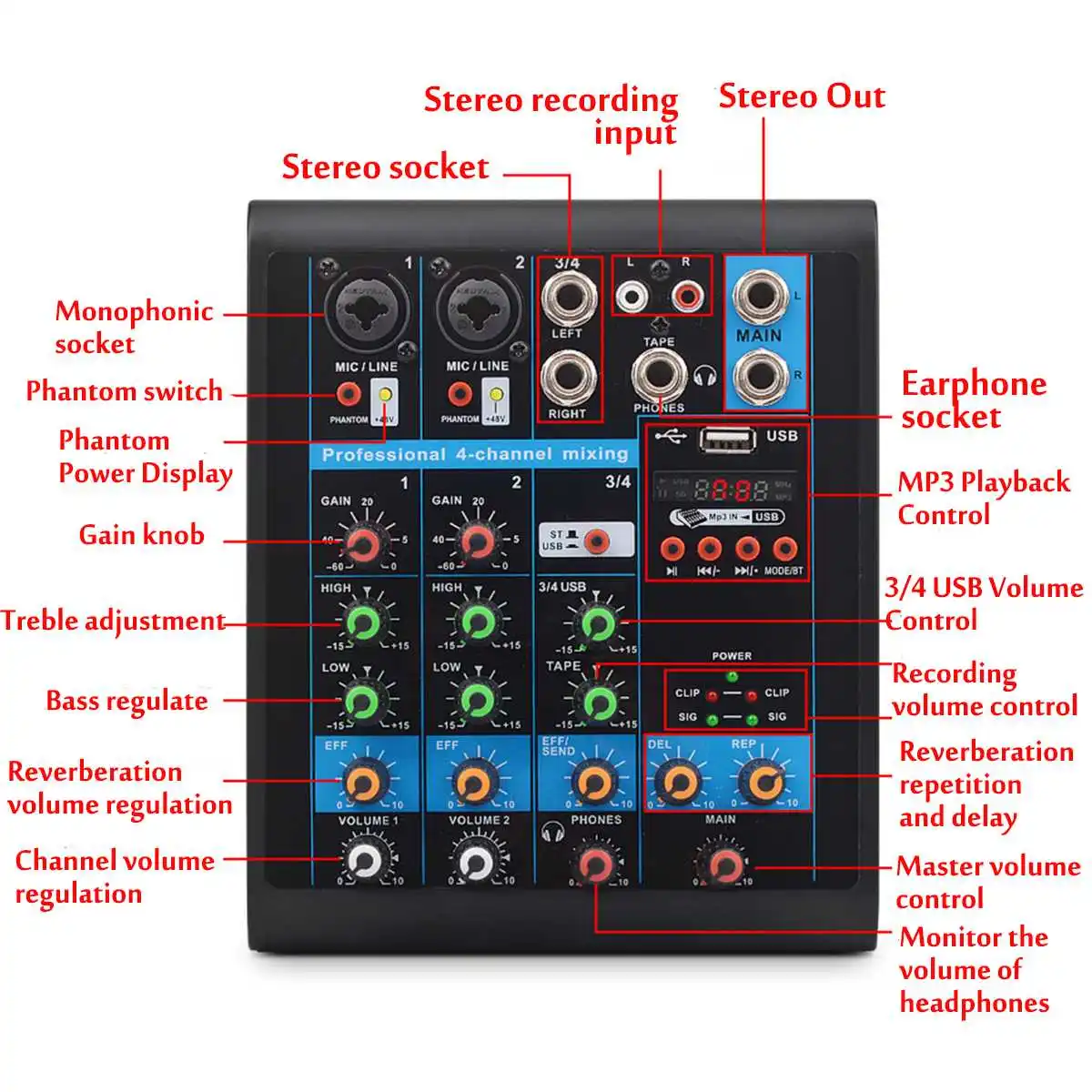 4 канала аудио караоке микшер плееры USB bluetooth MP3 Live Studio DJ звук микшерный пульт