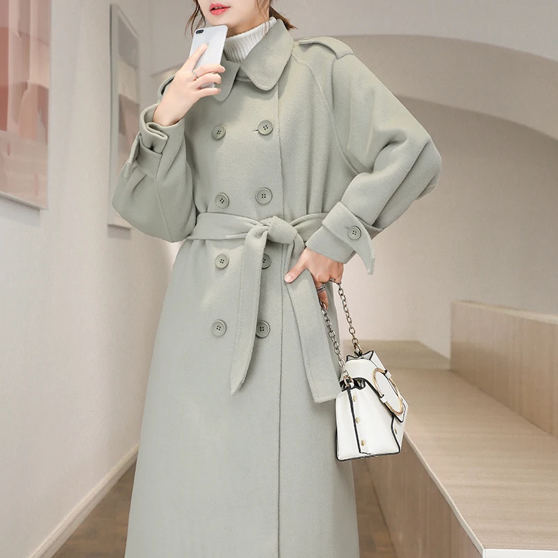 

2021 New Black Cashmere Coat Women Winter Thickened Outwear Jacket Female Korean Fashion Green Long Woolen Coats Plus Size S-3XL