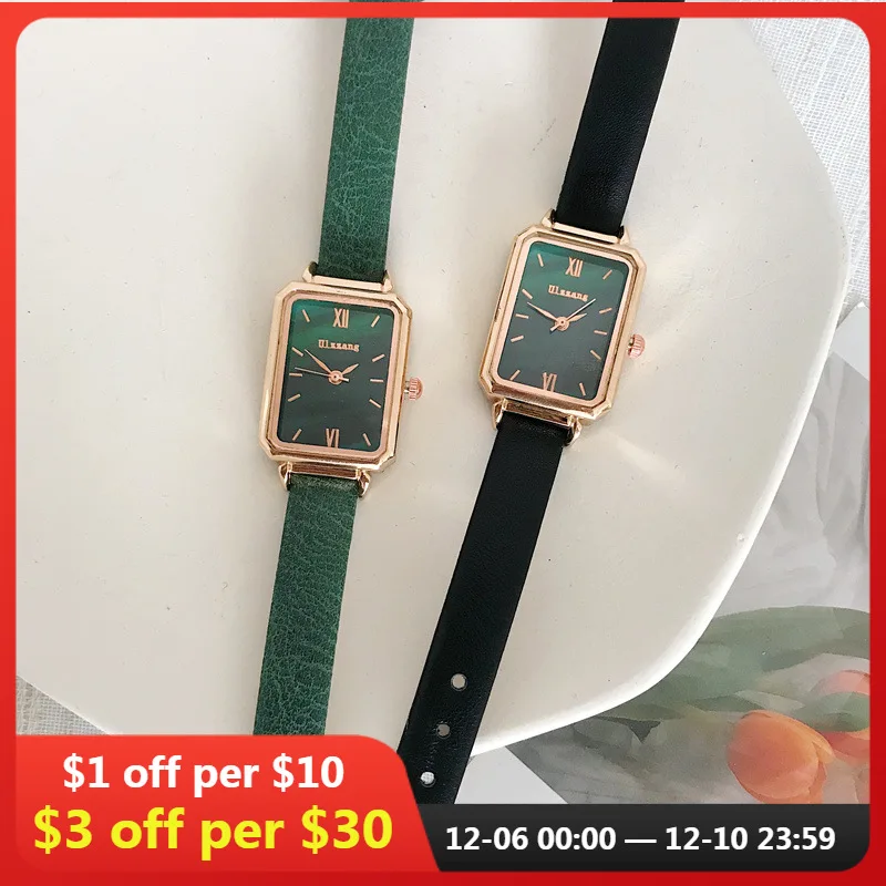Rectangle Women Fashion Watches Elegant Ladeis Quartz Wristwatches Ulzzang Luxury Brand Black Green Female Watch Leather Clock