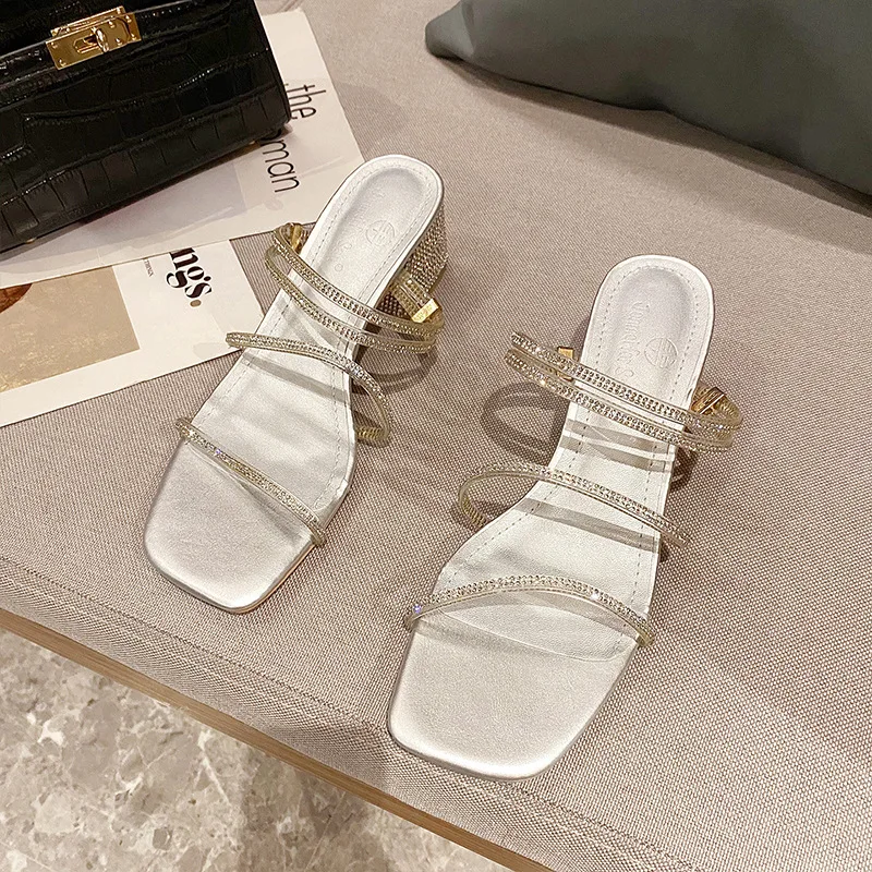 

Sandals Elastic Band Female Shoe Clear Heels 2021 Women's Med All-Match Slip-on Girls Comfort Beige Fashion Block New Low Gladi