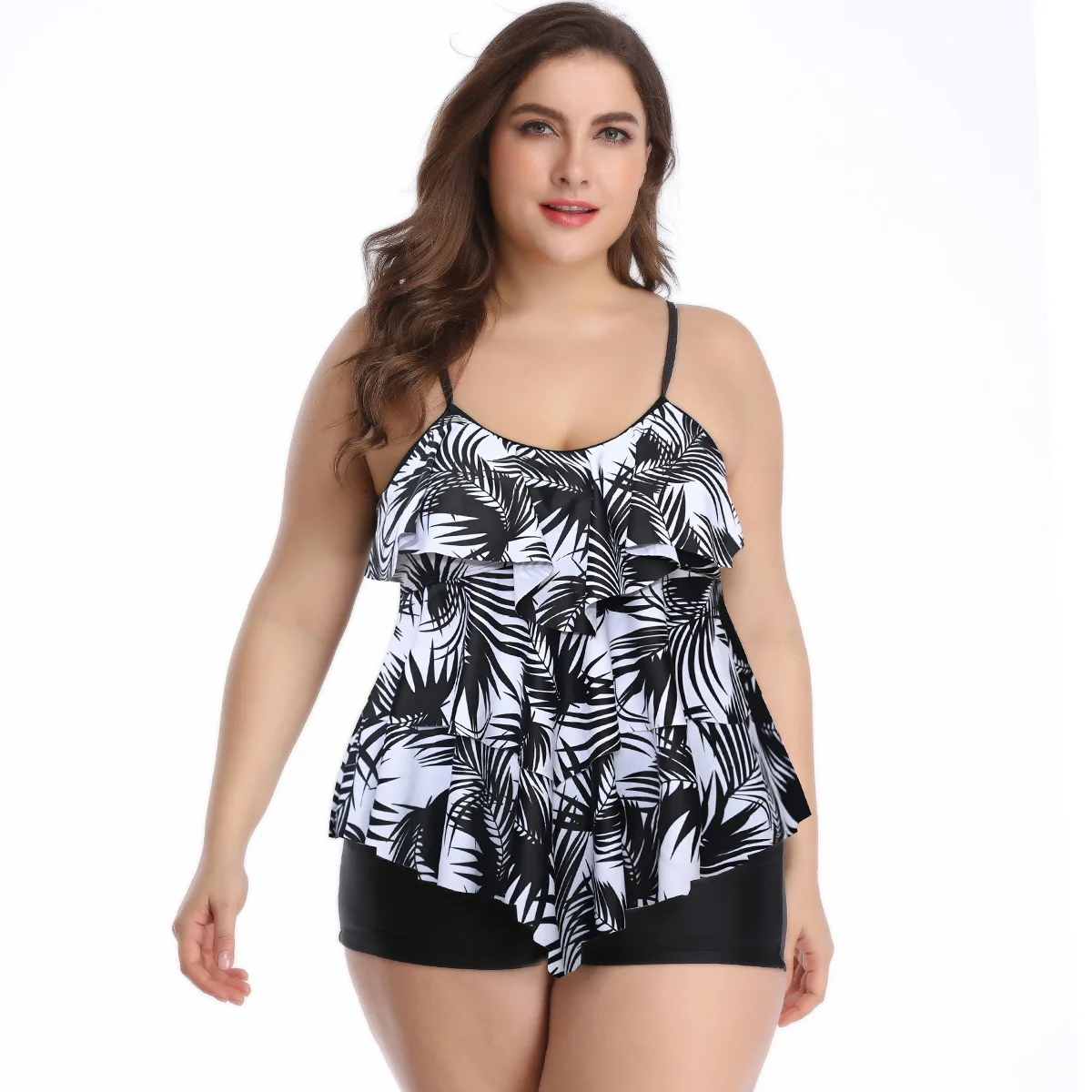 

Luren Plus Size Swimwear 2021 New Swimsuit Three-layer Ruffled Blue Bottom Black Shivering Printed Bikini Boxer Swimming Trunks