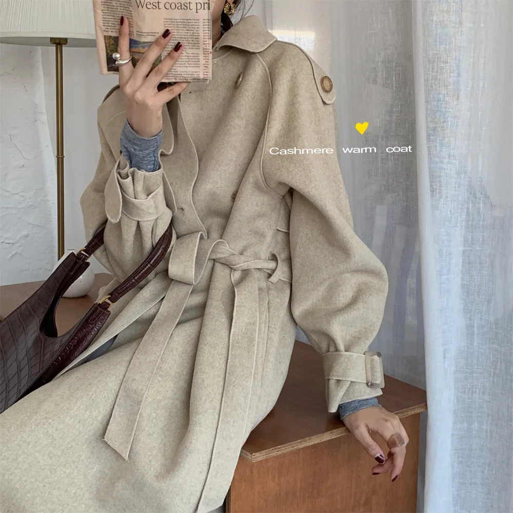 

Double-sided cashmere overcoat women's length 2020 autumn and winter new vintage air-white hand-made woolen overcoat high-end