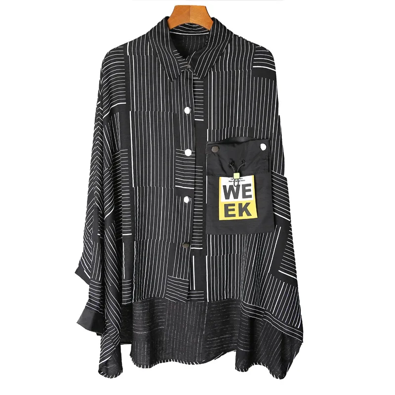 

New 2021 Casual oversized long knitted cardigan shirt ladies batwing sleeve striped print blouse tunic with pocket