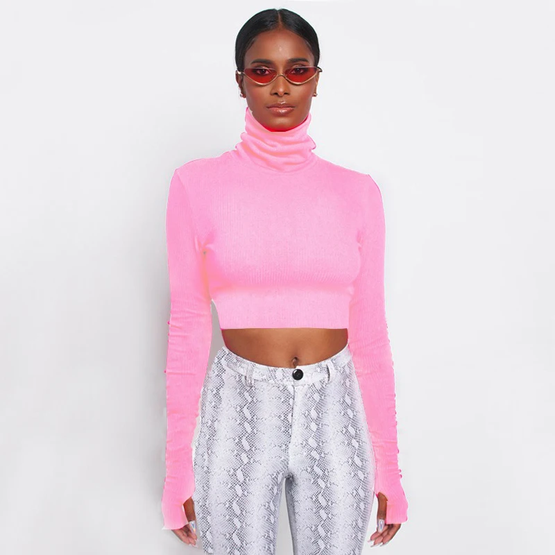 Baby Pink BOOFEENAA, неоновый цвет, водолазка, укороченный топ, рубашка с длинным рукавом, женская сексуальная тонкая Осенняя зимняя уличная футболка, уличная C70-I23 - Цвет: Baby Pink