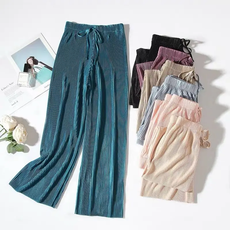 

Wide leg pants female student Korean version high waist slim large size nine point casual pants Chiffon wide leg pants female