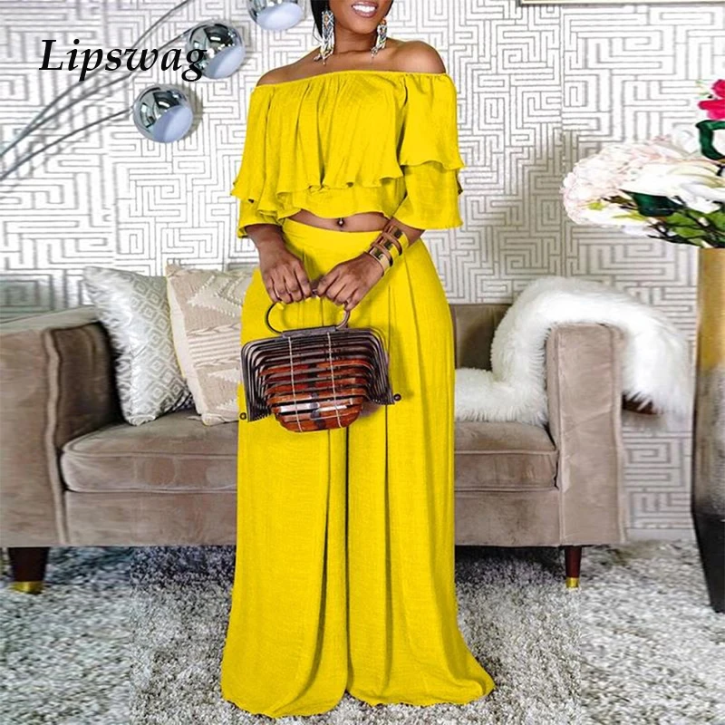 

2021 Summer Fashion Women Two Piece Sets Casual Off Shoulder Tops And Wide Leg Pants Outfits Elegant Ladies Ruffle Solid Suits