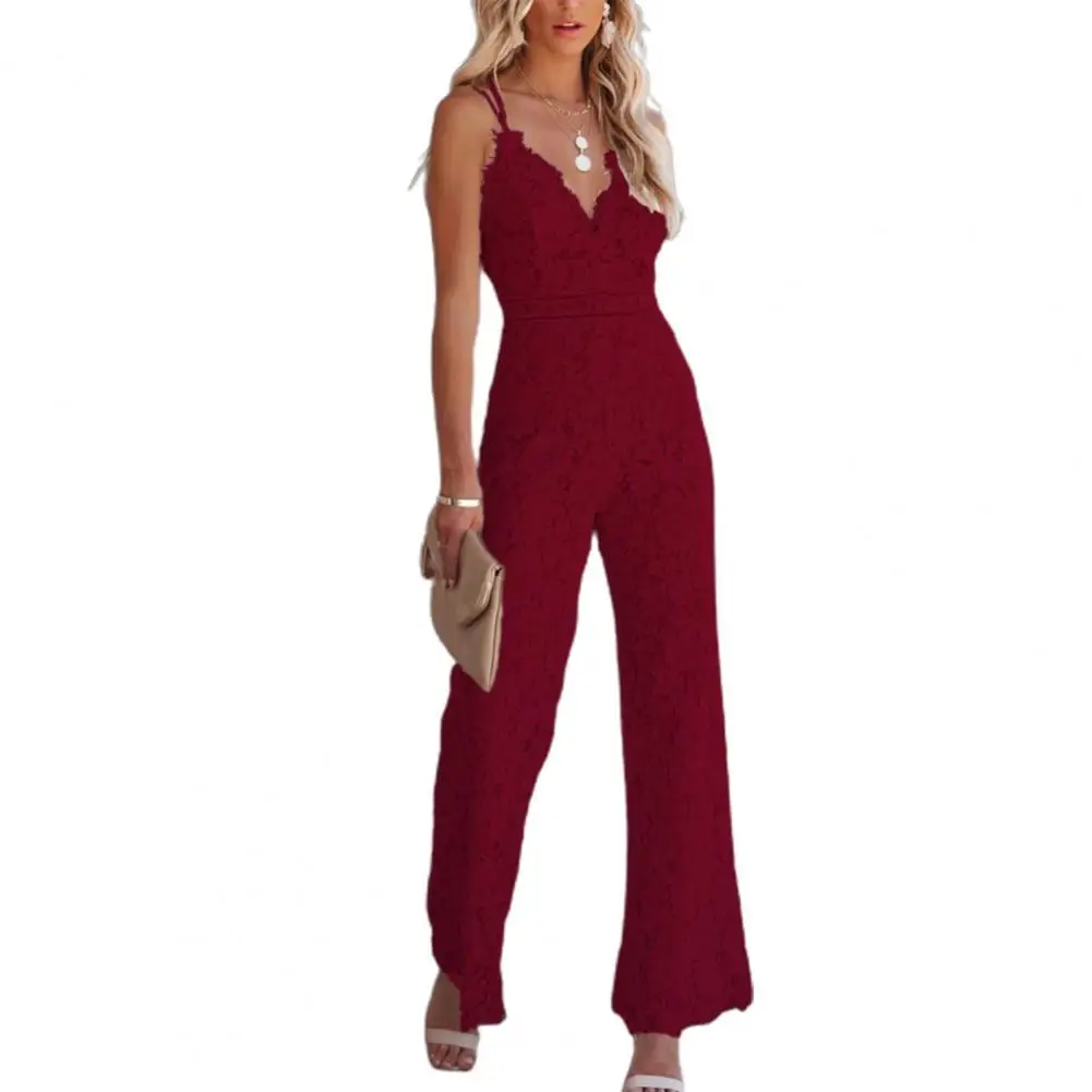 

jumpsuit women summer 2021 Lace Spaghetti Straps Elegant Solid Color V Neck Sleeveless Romper for Office Street wear Black xxl