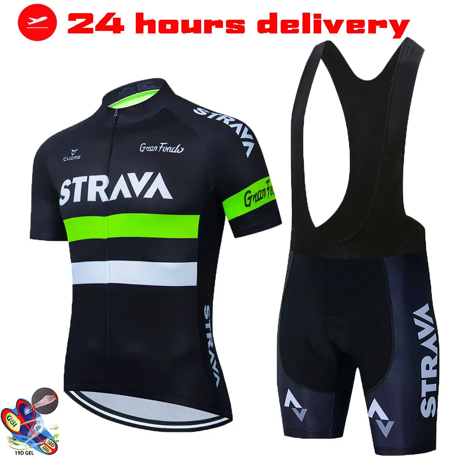 

Fluorescent Green STRAVA Cycling Jersey sets red Bicycle Short Sleeve Cycling Clothing Bike maillot Cycling Jersey Bib shorts