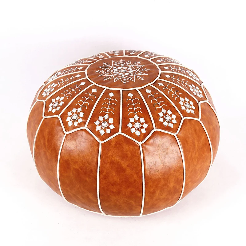 

Home Decor Moroccan PU Leather Pouf Embroider Craft Ottoman Footstool Mediterranean Style Artificial Leather Unstuffed Cushion