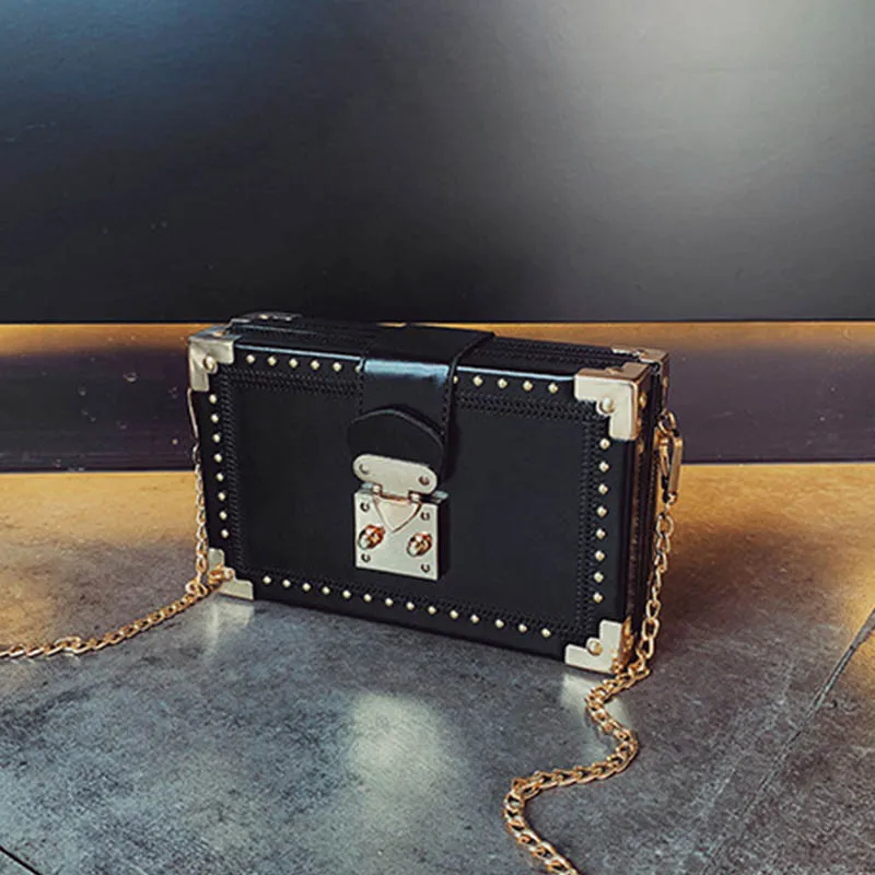Black Fashion Vintage Rivet Designer Bag Box Style Buckle PU Women Clutch Bag Chain Purse Shoulder Bag Crossbody Small Flap Handbag - Цвет: Black