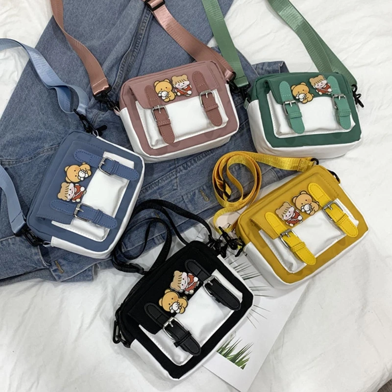 

Ladies Square Messenger Bags with Badges Cartoon Shoulder Bag Women School Bags Fashion Nylon Purse with Buckle