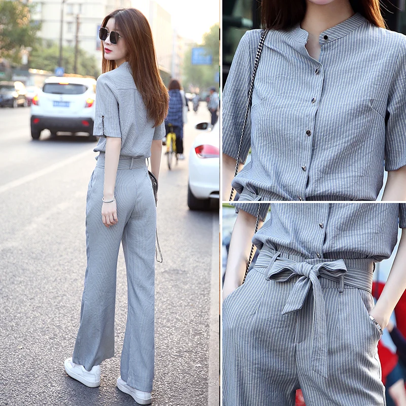 

2 piece set Suit Woman 2020 Summer Fashion Temperament Leisure Time Shirt Collocation High Waist Wide Leg Pants sets for women