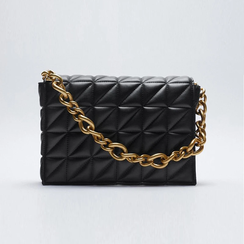 

Thick Chains Diamond Lattice Shoulder Bags Female Soft Black Luxury Handbag Women Leather Bags 2021 New Women's Brand Bag
