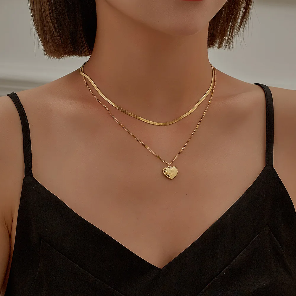 

MEYRROYU Stainless Steel Double Layer Gold Color Heart Necklaces Snake Bone Chain Necklaces 2021 Female Fashion Jewelry Collier