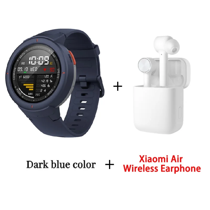 Глобальная версия, Amazfit Verge, Смарт-часы, 1,3 дюймов, AMOLED экран, набор и ответ на звонки, улучшенный HR сенсор, gps, Смарт-часы - Цвет: blue add earphone