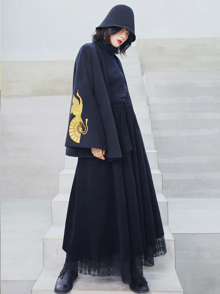 [LANMREM] 2020 Весенняя Новинка модная черная юбка-зонтик с кружевной строчкой и