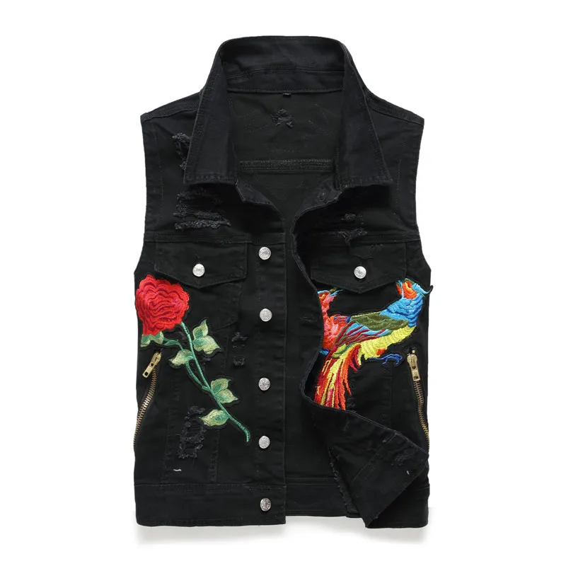 High Quality Men's Denim Vest Eagle Embroidery Skinny Single Breasted Ripped Jeans Waistcoat Singer Dancer Nightclub | Мужская