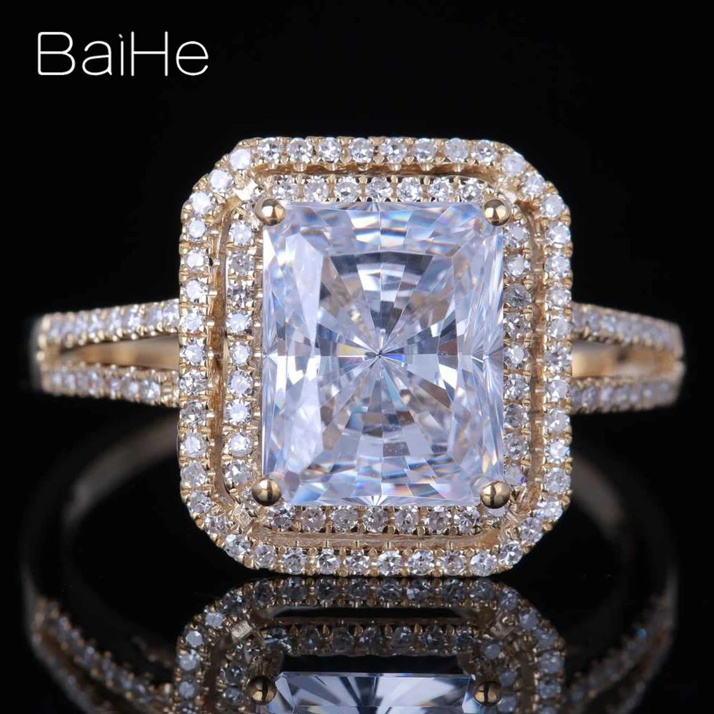 BAIHE Твердые 14 к желтое золото 5.9CT сертифицированные, подлинные AAA класс кубического циркония Подушка обручальное кольцо для женщин роскошный модный подарок кольцо