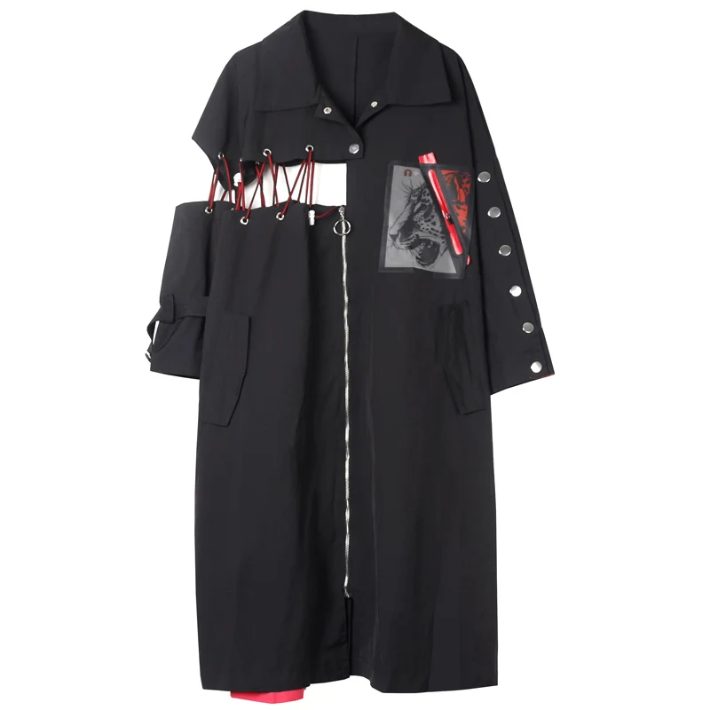 

QING MO Black Women Temperament Coat 2020 Autumn Women Patchwork Coat Female Vintage Loose Trench Coat ZQY4935
