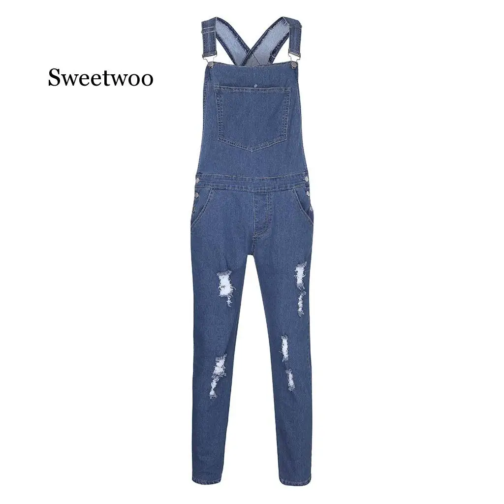 2020 new men's jeans fashion casual denim pocket shredded straps pleated jumpsuit
