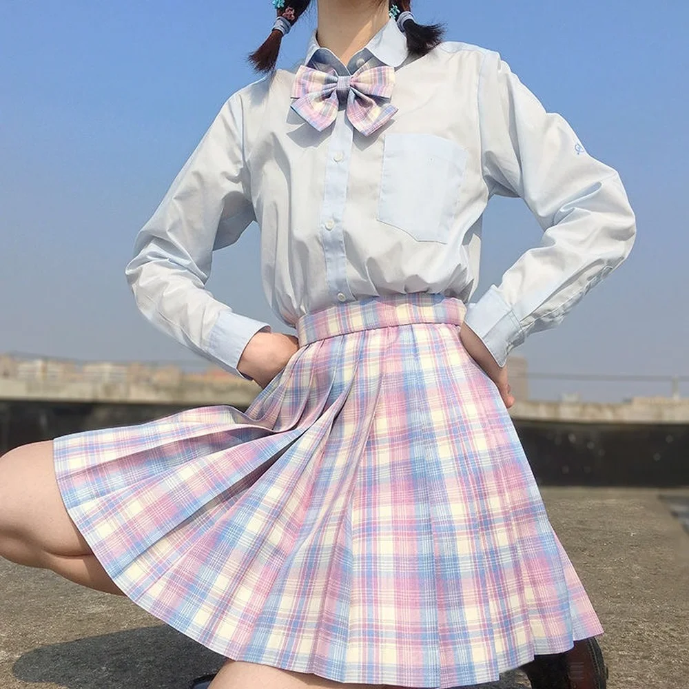 

Women Pleated Skirts High Waist Korean Style Pink Plaid Skirts for Girls Cute Sweet Kawaii Ladies Mini Skirt Female Uniform