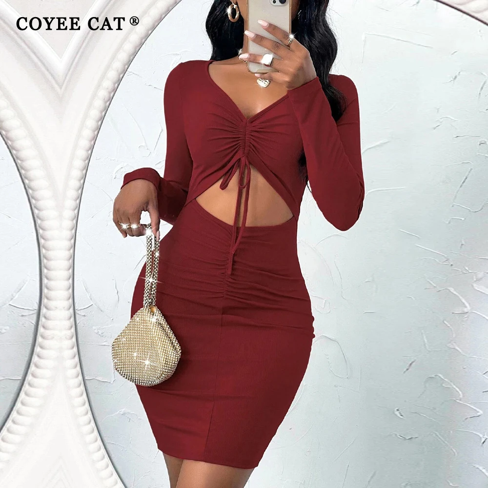 

CoyeeCat V Neck Draw String Hollow Out Shirring Wine Red Knitted Skinny Bodycon Pullover Women Autumn Drawstring Sexy Mini Dres