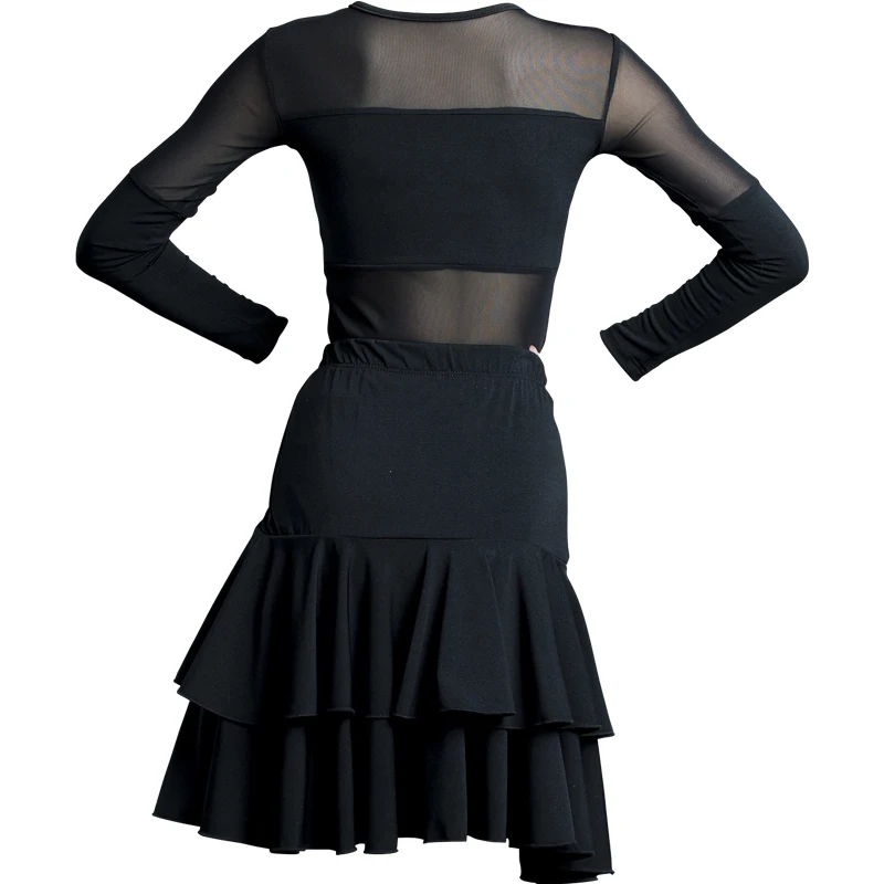 

2020 Latin Dance Dress Kids Tango Rumba Cha Cha Samba Salsa Girls Performance Costumes Black Mesh Leotard Lotus Leaf Skirt