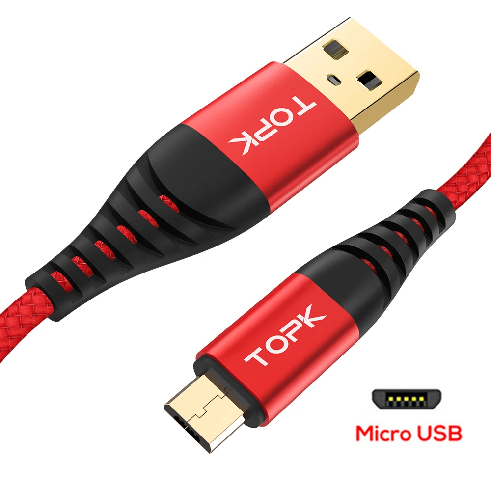 TOPK 1 м высокопрочный круглый кабель Micro USB кабель нейлоновый плетеный кабель для передачи данных для samsung Galaxy S7 край S6 Xiaomi Redmi Note 5 кабели для мобильных телефонов - Цвет: Red