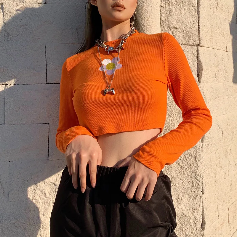

New Women Autumn Short T-Shirts Casual Petal Long-Sleeved Printed Knitted Tops Female Spring Fashion O-Neck Orange Polyester Tee