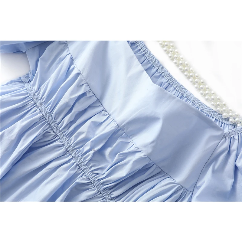 

French Fashion Women Blouse Puff Short Sleeve Square Collar Pearl Crop Top Summer 2021 New Solid Sweet Stretch Bead Female Shirt