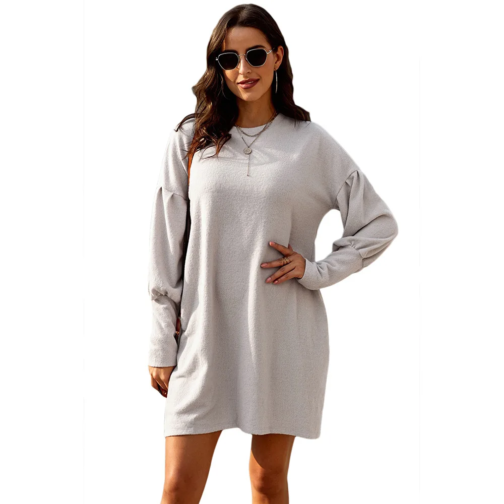 

New round long sleeve dress lantern sleeve loose slim autumn and winter European and American women's plush Joker skirt