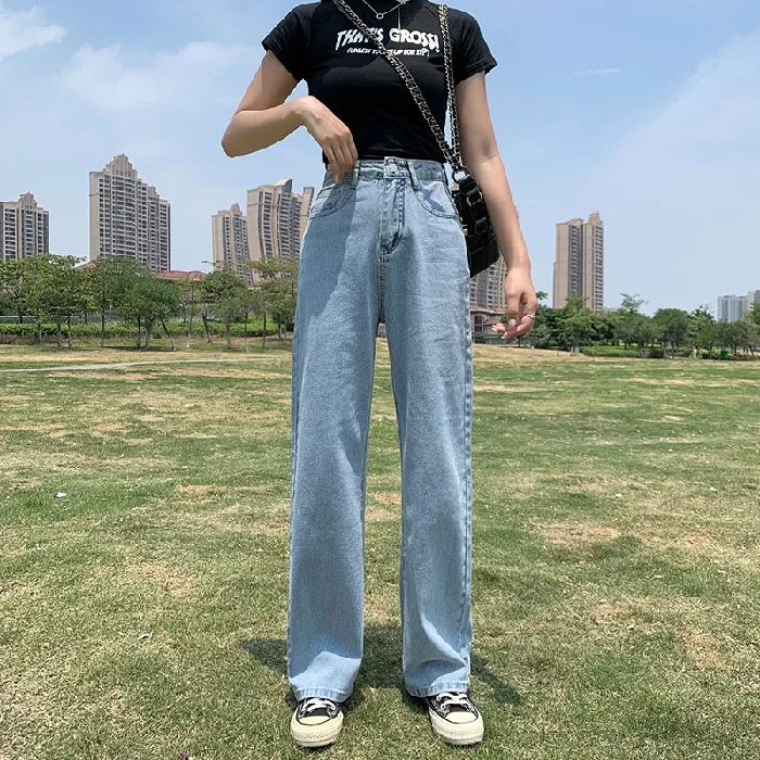 

2021 Autumn and Winter New Women's Loose High Waist Jeans Light Blue Youth Straight and Thin Slim Draping Wide Leg Pants