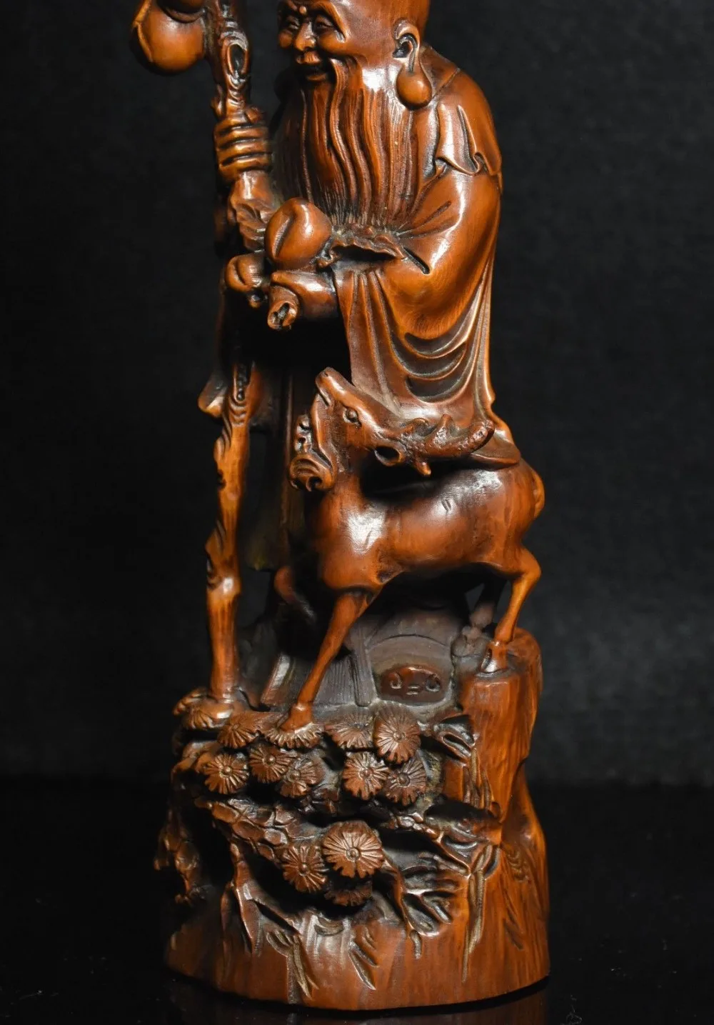 

Christmas 9" Chinese Folk Boxwood wood Carved Longevity Immortal God Shou Star Deer Statue Halloween