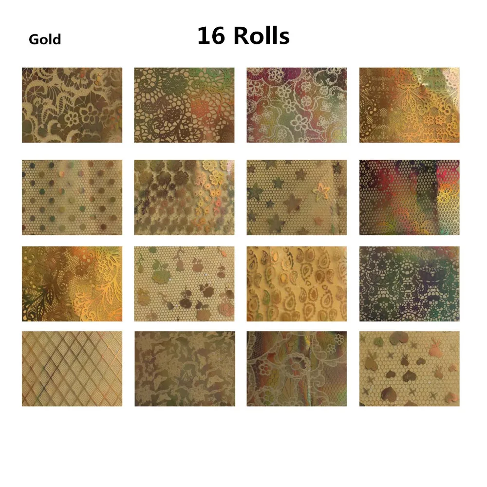 Gold-16Rolls 16 рулонов золотой серебряный кружевной Цветочный узор 4 см* 120 м наклейки на ногти из фольги черно-белый гель DIY 3D наклейки для ногтей инструмент для украшения - Цвет: Gold-16Rolls