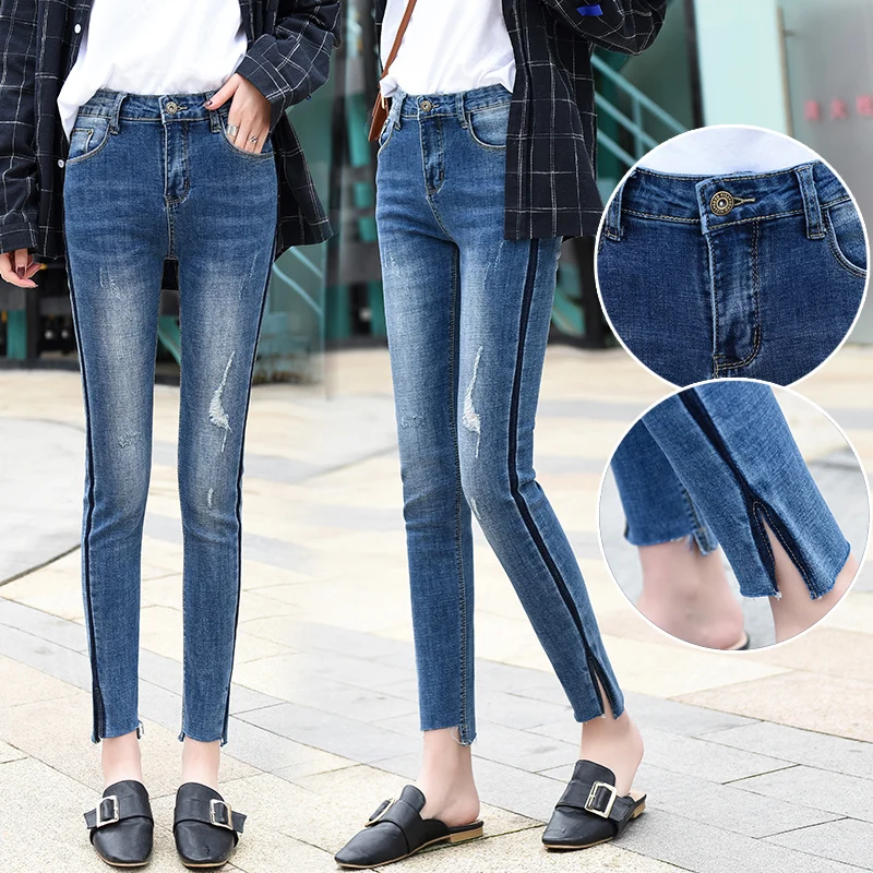 

Nine-point jeans women's waist stretch pencil trousers slim slit to show thin feet trousers high waist blue students thin sexy