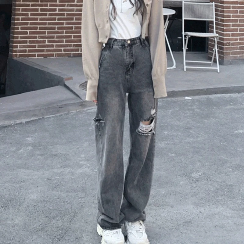

Straight Loose Hole Jeans Gray Trousers Women's All Matching 2021 Retro Chic Style Streetwear Sexy Fashion Mopping Denim Pants