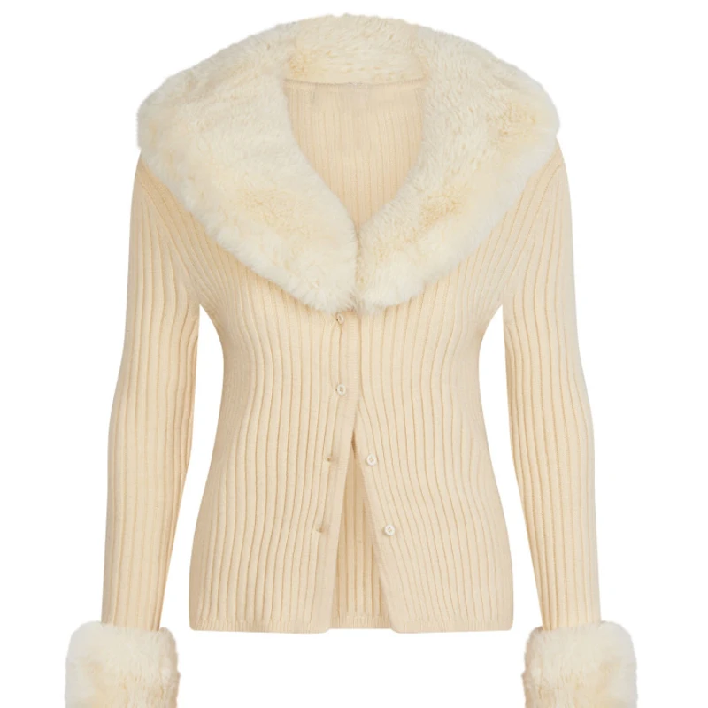 

Fur Collar Knit Cardigan Lapel for Women 2021 Autumn&Winter New Fashion Ladies Sweater Western Style Solid Warm Jacket