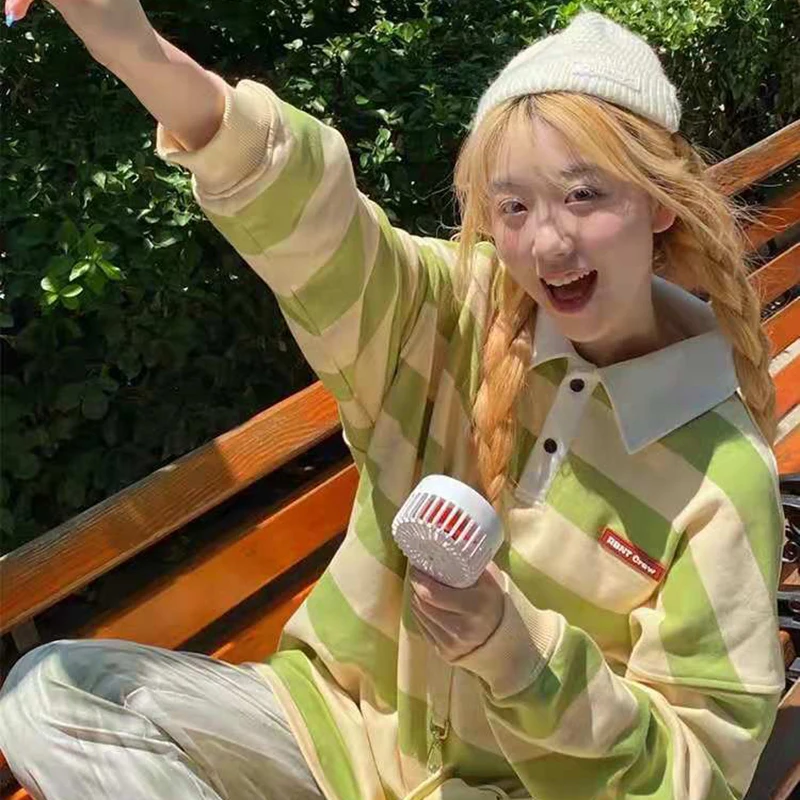 

Japanese Striped Polo Collar Women Sweatshirt Autumn Loose Long Sleeve Sweet Vintage Clothes Korean Buttons Sweet Y2K Vero Tops