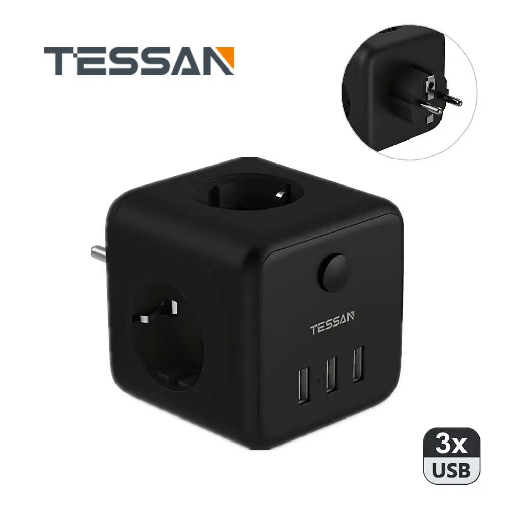 

TESSAN Multi Sockets Power Strip EU Plug with 3 Outlets 3 USB Ports 5V/2.4A Overload Protector Switch 2500W Wall Charger Adapter