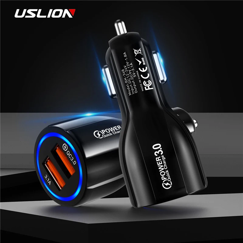 USLION 3.1A устройство для автомобиля с двумя портами USB Зарядное устройство Быстрая зарядка 3,0 2,0 Автомобильный держатель для мобильного телефона лампы-Зарядное устройство для huawei P30 iPhone samsung планшет с функцией быстрой зарядки