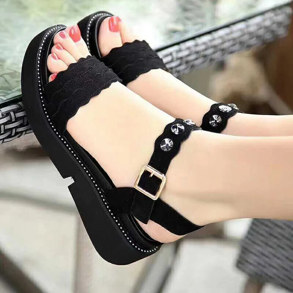

Akexiya 2021 New Women Sandals Summer Ladies Open Toe Beach Shoes Rhinestone Flat Fish Mouth Buckle Roman Sandals Women Sandals