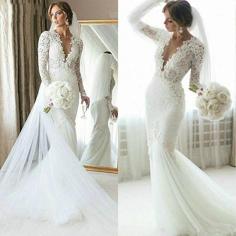 

FishTail Mermaid Wedding Dresses Long Sleeve Deep V Neck Lace Soft Tulle Bridal Gowns Floor Length Elegant vestido de noiva