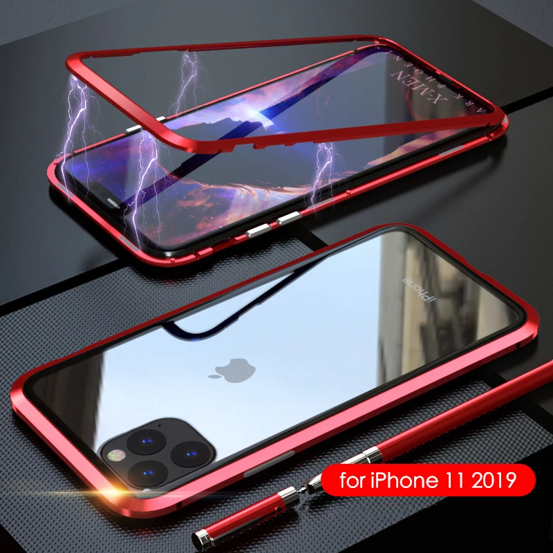 Красный Роскошная Магнитная Адсорбция задняя крышка для iPhone 11 закаленное стекло встроенный Магнит чехол для iPhone 11 металлический бампер чехол - Цвет: Красный