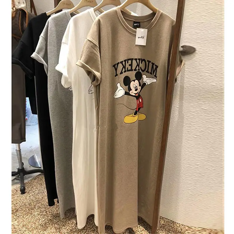 

Cartoon Print T-Shirt Dress Short Sleeve Loose Summer Dresses Women Elegant Mickey Mid-Length Dress Casual Vestidos Robe Femme